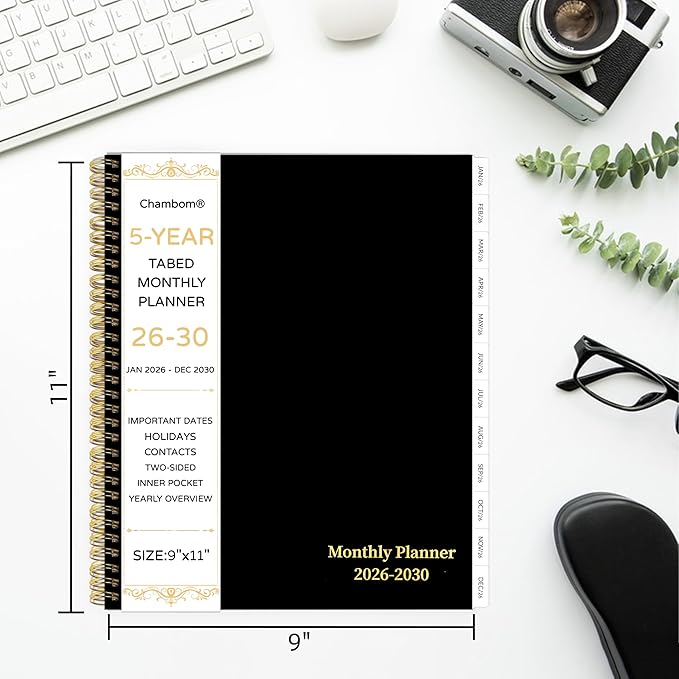 2026-2030 Monthly Planner, 5 Year Monthly Planner/Calendar 2026-2030, 60-Month Jan 2026 – Dec 2030, 9" x 11", Tabs, Double-Side Pocket, Holidays, Thick Paper - Black