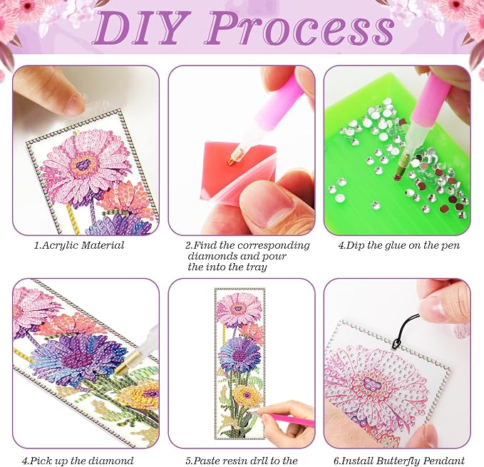 4pcs Flower Diamond Art Bookmarks Kit Floral Diamond Bookmarks for Adults 5D DIY Diamond Art Kit for Spring Reading Lover Book Lover Students DIY Gem Crafts Supplies Gift