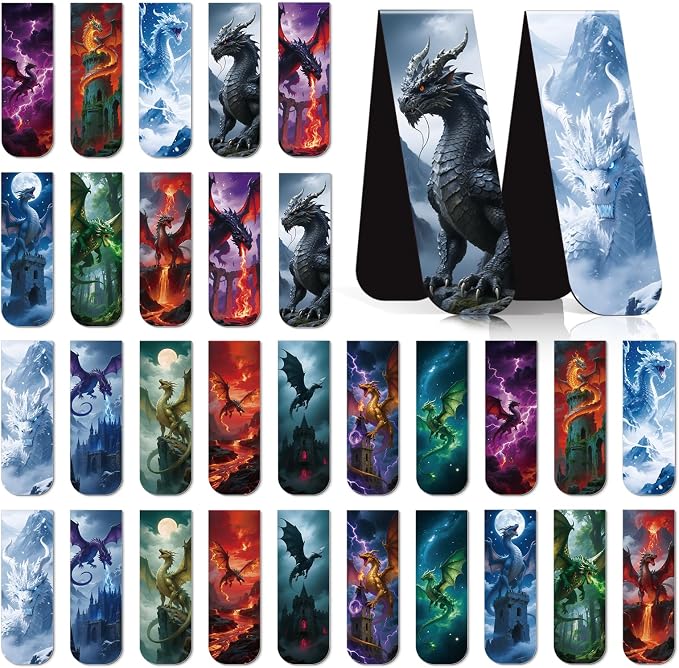 Wxiben Dragon Magnetic Bookmark Gifts - 30 Pcs Cool Dragon Bookmarks Fantastic Animal Book Mark Magnet Book Marker Page Clip for Women Men Bookworms Reading Book Lovers Home Office Favor