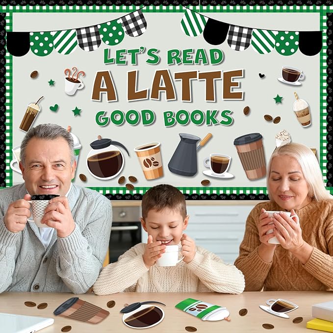 QOUBAI Coffee Bulletin Board Set Coffee Cup Classroom Decoration Latte Paper Cutouts Green Coffeehouse Crafts Teacher's Helper Charts for Back to School Nursery Chalkboard Reading Decor Wall Door