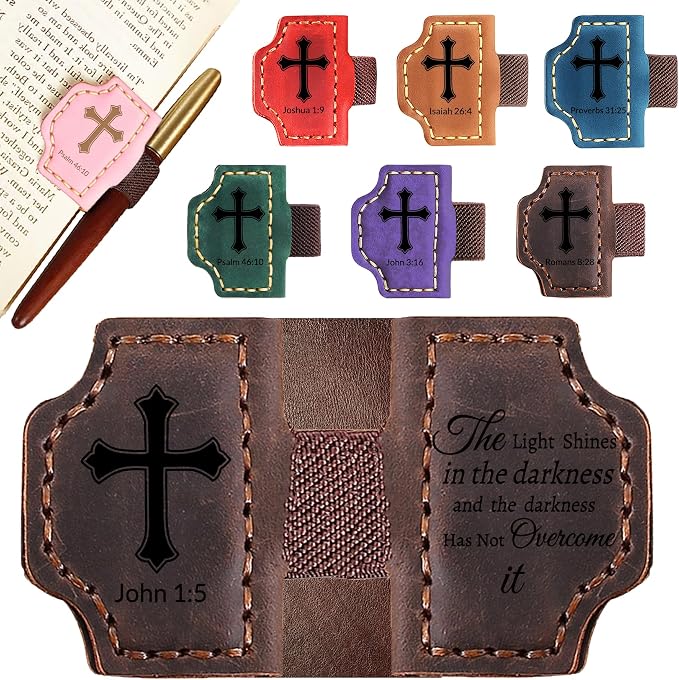 Personalized Leather Bookmark with Pen Holder - Magnetic Bible Verse Design, Christian Book Lovers Reading Accessory, for Book Lovers Men Women (Coffee, John 1:5)