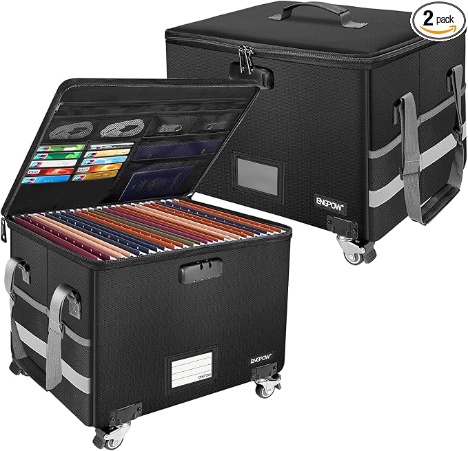 ENGPOW Fireproof Document Box with Wheels, Collapsible File Box with Lock, Rolling File Storage Organizer Filing Cabinet with Pockets, Portable Home Office Safe for Hanging Letter/Legal Folder, 2 Pack