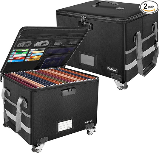 ENGPOW Fireproof Document Box with Wheels, Collapsible File Box with Lock, Rolling File Storage Organizer Filing Cabinet with Pockets, Portable Home Office Safe for Hanging Letter/Legal Folder, 2 Pack
