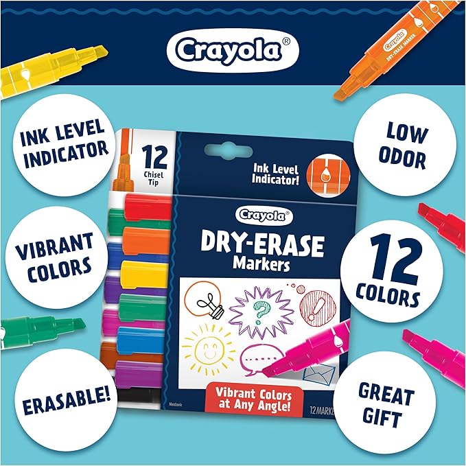 Crayola Take Note Dry Erase Markers for School (12ct) Teacher Classroom Supplies, Chisel Tip Whiteboard Markers, Spring Crafts, Low Odor