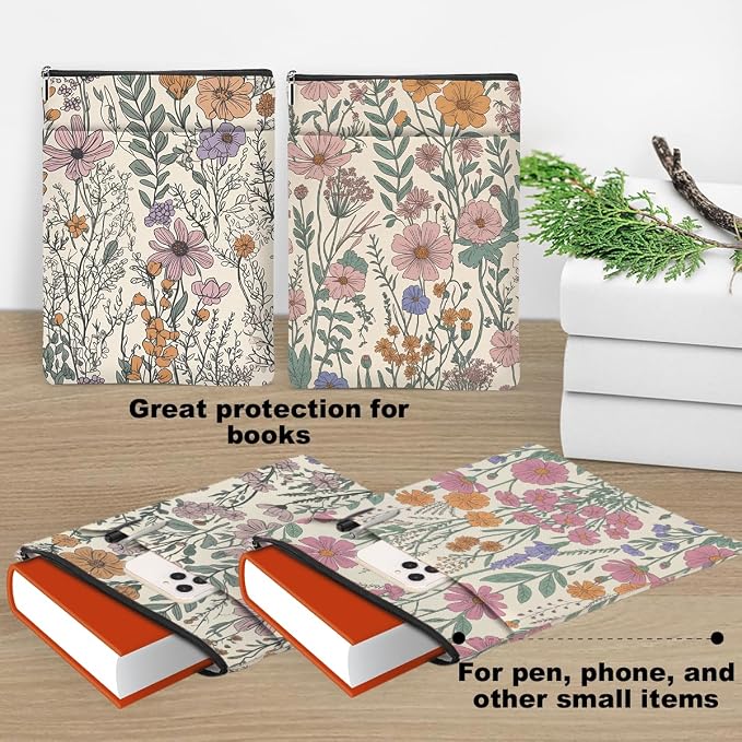 4PCS Waterproof Book Sleeve Book Pouch Protector with Zipper and Front Pocket Books Cover for Women Girl Books Lover Reader Librarian Reading Accessories Bookish Gifts, Cute Wildflower Pattern Decor