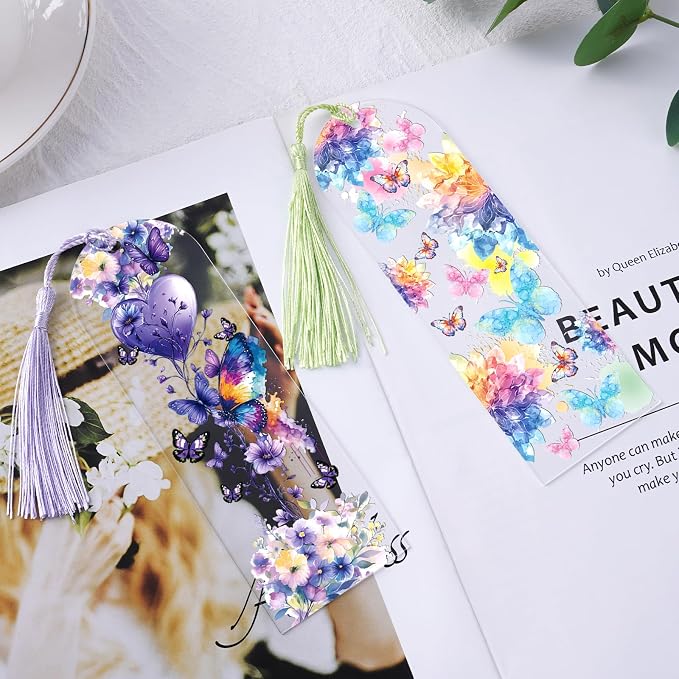 Dazoratix Butterfly Bookmark Making Kit - 60 PCs Floral Acrylic Bookmarks Blanks with Tassels Flower UV DTF Transfer Stickers DIY Craft Projects Clear Transparent Marks Tags for Women Book Lovers Gift