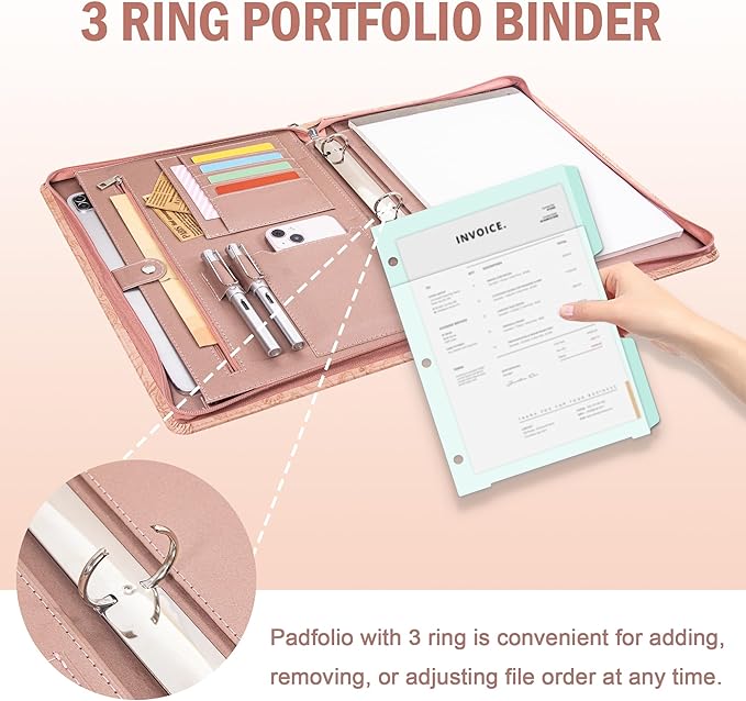 Calfinder Padfolio for Women,Embossed Leather 3 Ring Portfolio Binder,Business Portfolio Organizer with Tablet/Documents Holder,Leather Pink Padfolio Binder for Interview/Office,Valentine's Day Gift