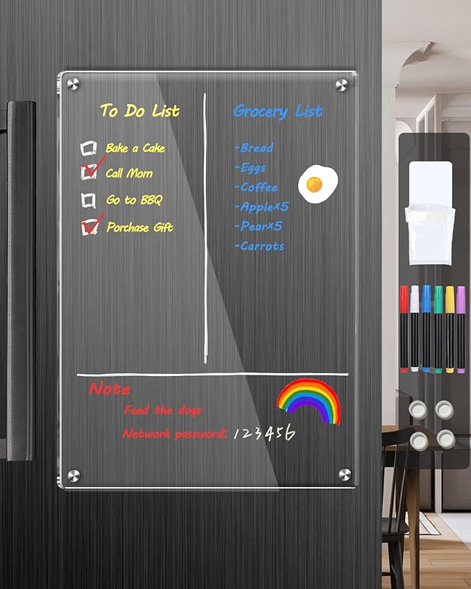 Clear Acrylic Magnetic Dry Erase Board for Fridge,12"x8" Magnetic Whiteboard for Fridge, Magnet Weekly Planner Calendar for Refrigerator Includes 6 Colors Markers