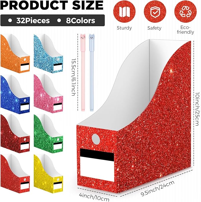 Jutom 32 Pcs Magazine File Holder Set Including Colored Foldable Desk File Holder Organizer White Label Stickers Cat Pen Cardboard Magazine Storage Box for Document School Office (Solid,Glitter)