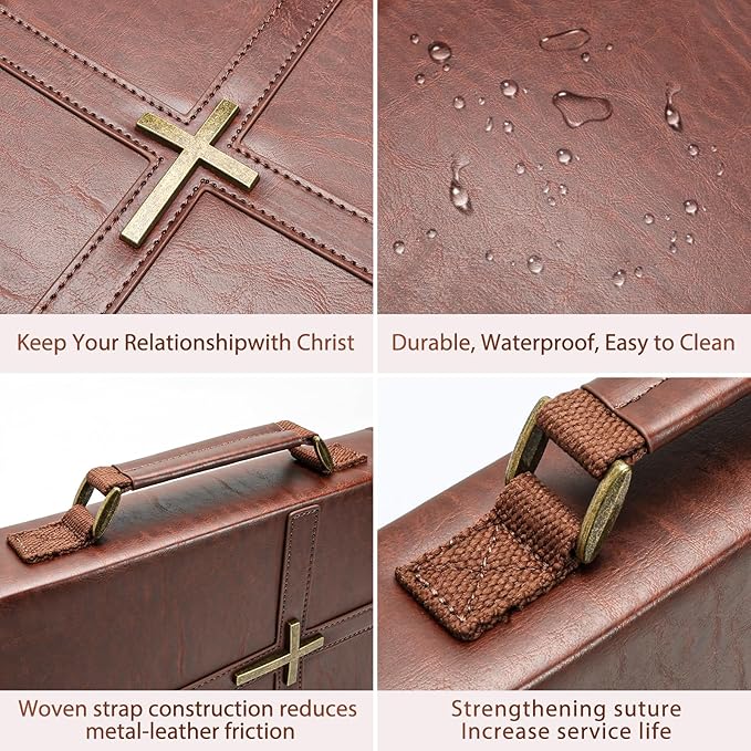 Bible Cover Case PU Leather Bible Bag for Men, with Leather Bookmark, Pen Slots, Handle, Strong and Sturdy Church Bag, Christian Gifts for Men and Women, Fits Standard Size Bibles (Brown)