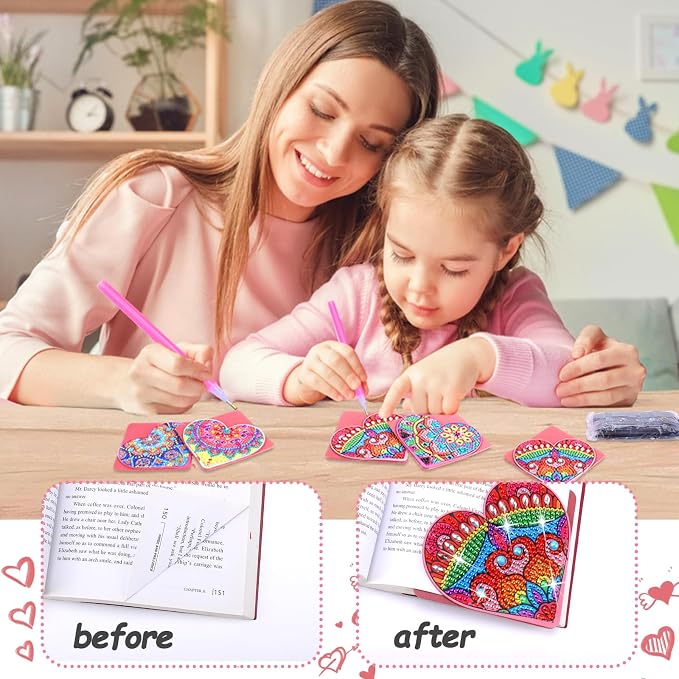Heart Diamond Art Bookmarks, 4 PCS Diamond Art Bookmarks for Book Lovers, Diamond Art Accessories DIY Corner Bookmark Kits