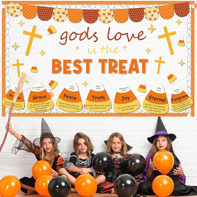Halloween Candy Corn Bulletin Board Decorations Fall Christian Paper Cutouts Religious Gods Love is The Best Treat Cross Bulletin Party Supplies for School Classroom Home Chalkboard Wall Door Decor