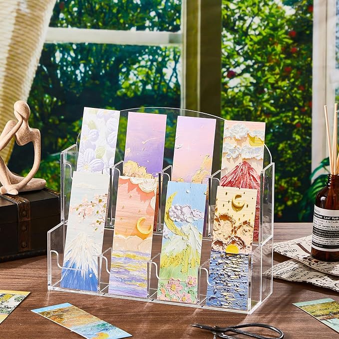 Yuntau Acrylic Bookmark Display, Adjustable 2. 2'' Bookmark Stand, Portable Sticker Holder, Curved Pockets Greeting Card Display for Business Vendor, Retail Store Shop(Integrated,8 Pockets)