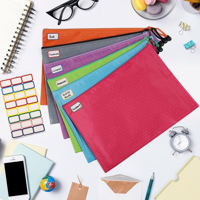 12pcs Zipper Pouch with Labels, Waterproof Pencil Storage Bags for Office Supplies Travel Accessories, A4 Size, 12 Colors