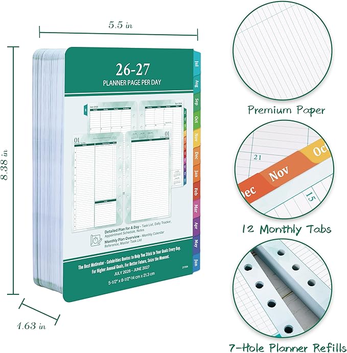2026-2027 Planner Refills – Jul.2026 - Jun.2027, Two Pages Per Day Daily ＆ Monthly Planner, 5.5" x 8.4" Ring-Bound Organizer, Tabs, Quotes, Prioritized Task, Daily Tracker/Notes, Appointment Schedule