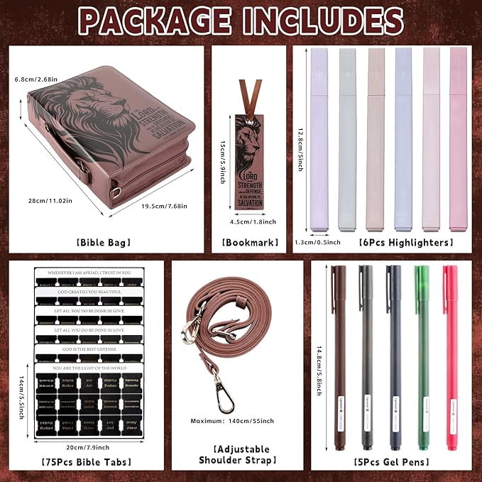 19PCS The Lord is My Strength Lion Leather Bible Cover for Men Bible Cover Cases for Mens Christian Gift Carrying Bag Journaling Kit with Shoulder Strap Highlighter Pens & Book Marker Study Supplies
