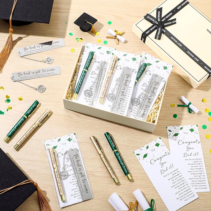 Affrolling 12 Sets Class of 2026 Graduation Gifts Bulk – Graduation Pens, Compass Bookmarks, Cards & Clear Gift Bags, Inspirational Party Favors for Students & Teachers(Green,Gold)