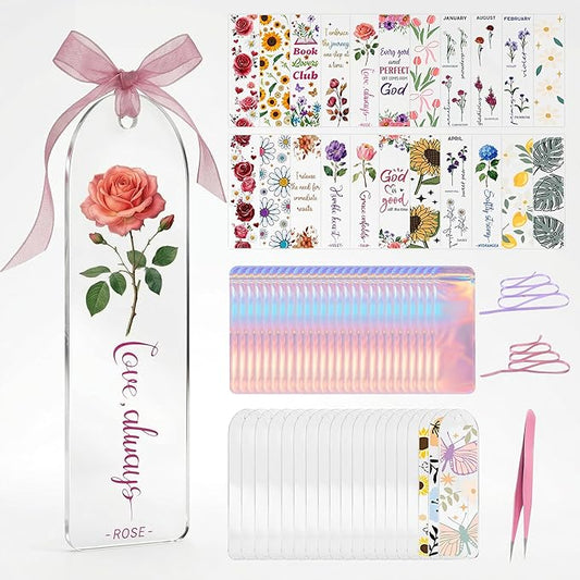 Acrylic Bookmark Blanks, 86 Pcs DIY Bookmark Making Kit with Organizer Box, 1.37x5.5 Clear Acrylic Bookmarks, UV DTF Decals, Make Your Own Bookmarks for Women & Book Lovers (Floral)