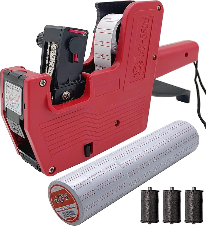 MX-5500 1 Line Labels Price Gun Kit Extra Ink Rollers Refill for Office with 4000 Price Gun Labels Ideal for Retail Grocery Shop（Red）