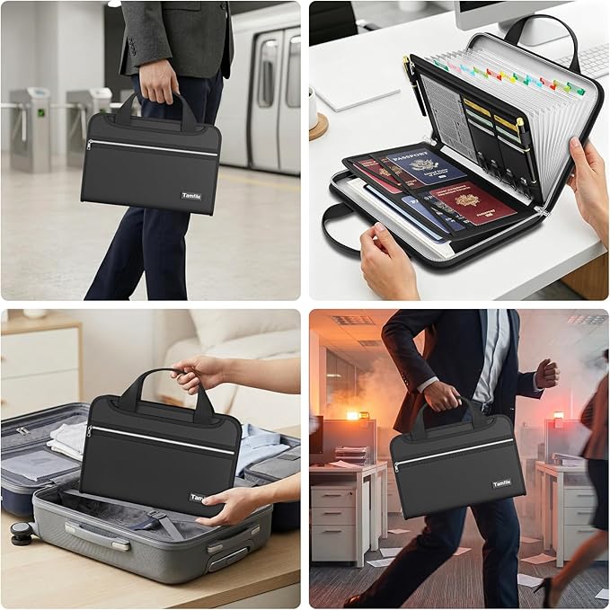 Tamfile Accordion File Organizer, Enhanced Fireproof Important Document Organizer with 13 Transparent Pockets, Portable Home Travel Safe Storage Expanding File Folder for A4 File,Letter,Paper,Black