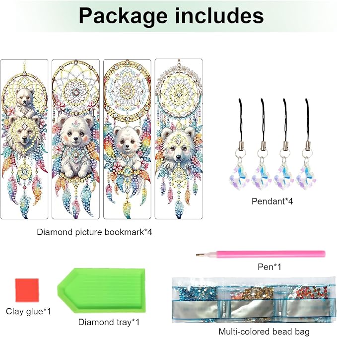 4 Pcs Diamond Painting Bookmarks, White Bear and Lion Dreamcatcher DIY Diamond Art Kits for Adults, Rhinestone Drill Crafts Bookmarks with Tassel for Graduation Birthday Gifts