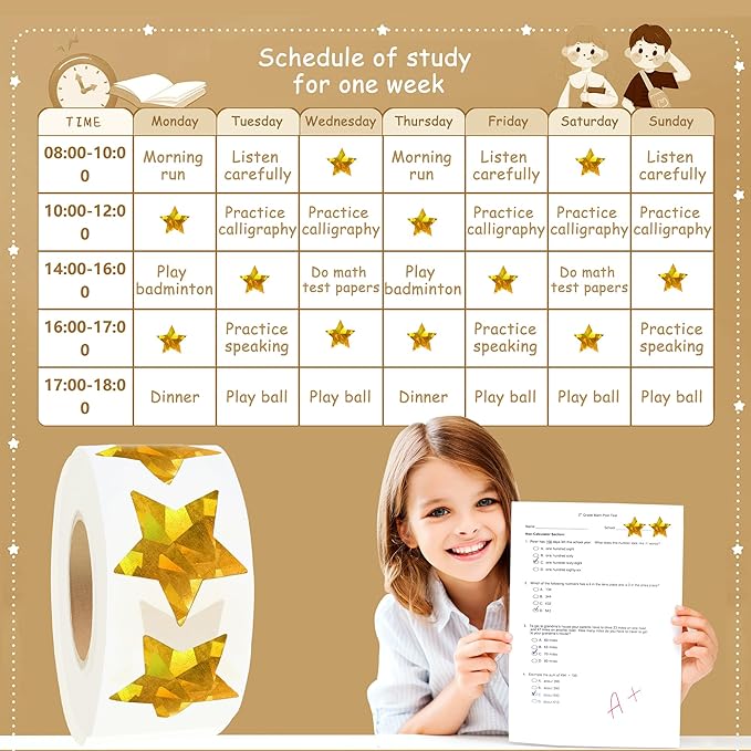 Gold Star Stickers for Kids Reward,Self-Adhesive Good Foil Star Stickers,Glitter Star Stickers Large 1 Inch,Holographic Stickers Chart for Kids Behavior,Students Teacher School Classroom 500 Pcs