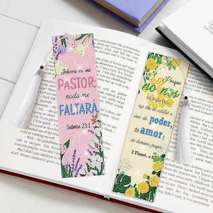 8 Pieces Christian Bible Verse Diamond Art Bookmarks 5d Christian Beaded Bookmark Acrylic Tassel Bookmark for DIY Making Beginners Adults Arts Craft Supplies (Spanish)