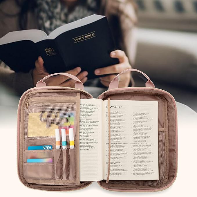 Teamoy Bible Cover Case for Women Men, Bible Book Cover Church Bag Carrying Case with Shoulder Strap, Pink Quilted