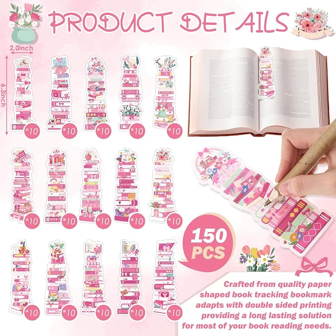 Kolldenn 150 Pcs Book Tracker Bookmarks Bulk 6.3 x 1.97 Inch Bookshelf Love to Read Bookmarks Paper Tracking Double Sided Reading Page Markers for Back to School Reading Lover(Pink Bow)