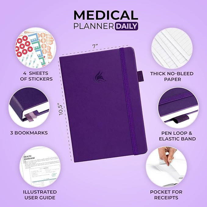 Clever Fox Medical Planner Daily – Health Diary Notebook, Wellness Journal & Self-Care Logbook, Lasts 3 Months, 7x10.5″ (Purple)
