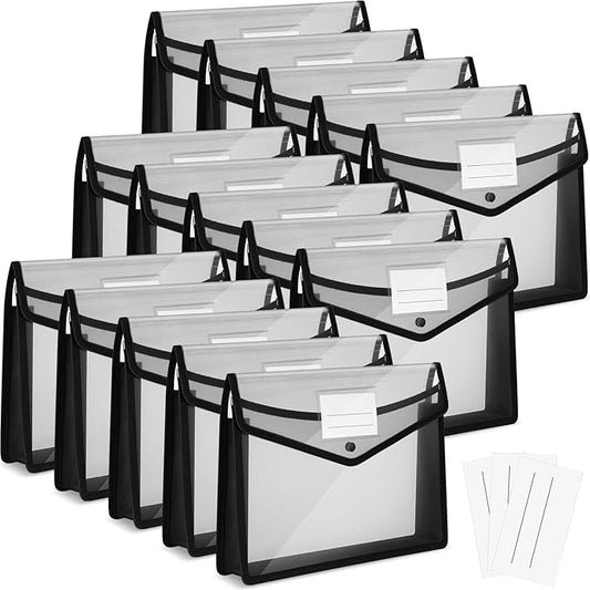 Teling 15 Pieces Plastic File Folders Envelope Expanding File Wallet Document Folder A4 Colorful Document Organizer with Button Closure and Pocket Waterproof File Pouch for Home Work (Black)