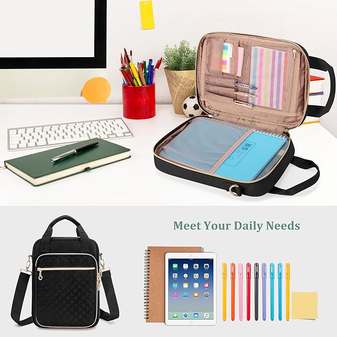 Teamoy Journal Supplies Storage Case, Journal Supplies Holder with Pen Slots, Travel Organizer Holder for B5 Notebooks, Planner, Pens, Journal Supplies and Accessories, Black Quilted