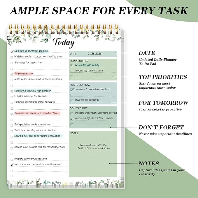 To Do List Notepad - Daily Planner Notepad 104 Pages Task Planner, 6.7" x 9.8" Double Sided Spiral Notebook with Checklist Productivity Planning Pad for Work Office Home-Green