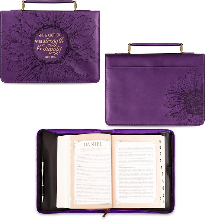 Christian Art Gifts Women's Fashion Bible Cover Strength and Dignity Proverbs 31:25, Purple/Gold Sunflower Faux Leather, Large