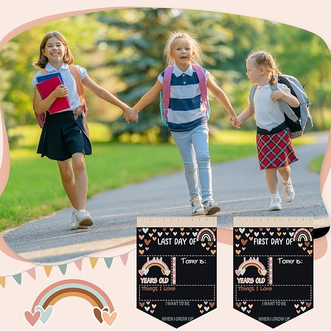 First and Last Day of School Chalkboard Sign 13.8 x 10 Inch Reusable Double Sided First Day of School Sign for Graduation Kids Preschool Kindergarten(Rainbow Hearts Style)