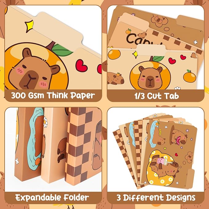Xqumoi 12Pcs CAPY File Folders - Letter Size Cute Animal Decorative File Pockets with 1/3 Cut Tab Pretty Colored Folders for Office Home Classroom Supplies Documents Paper, 8.9 x 11.6 Inch