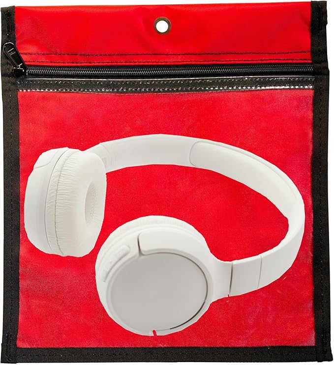 Media Pouch and Nylon Tote Bag for Books, Headphones, and School Accessories, Heavy Duty Travel Storage for Classroom or Library, 11.5 x 10.25 Inch (Red)