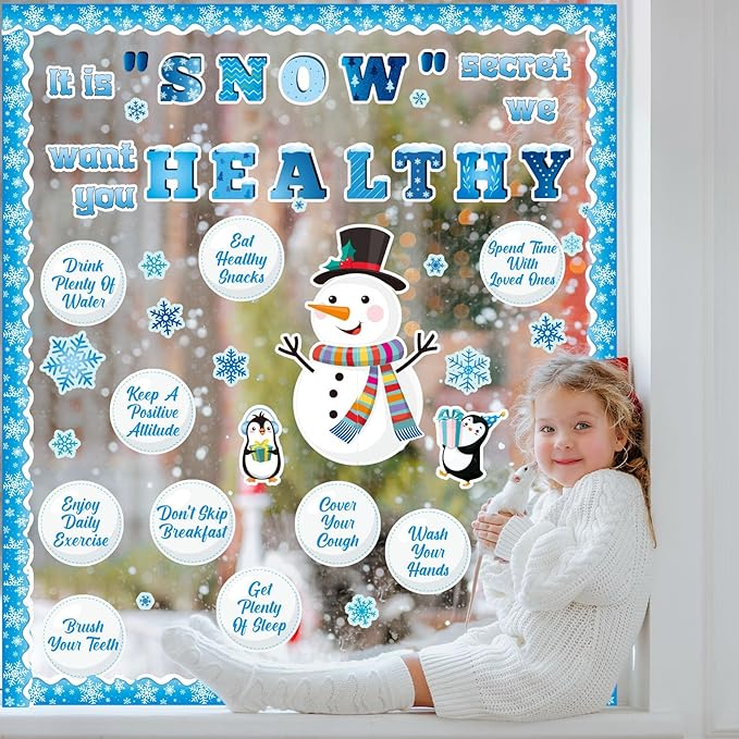 71 Pcs Winter Health Bulletin Board Decorations Set Winter Christmas Classroom Decor Snowman Snowflake Accents Healthy Habits Paper Cutouts for School Wall Decoration Supplies