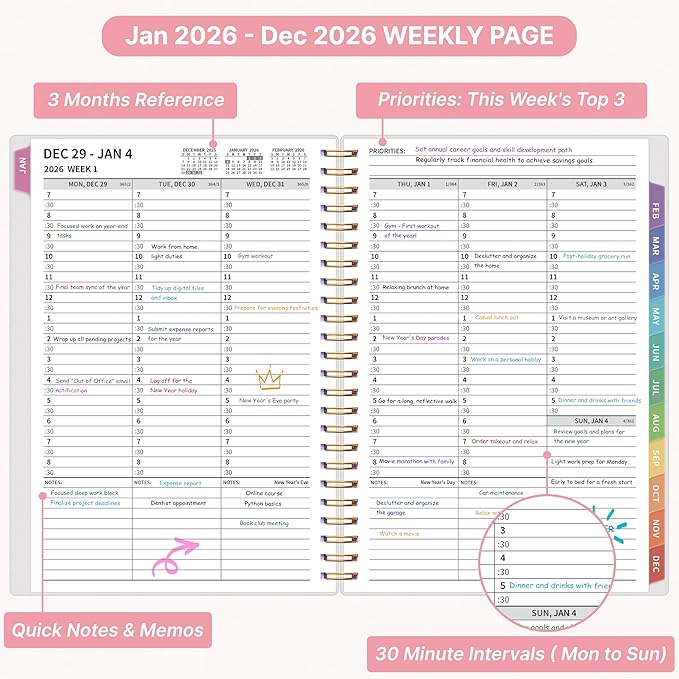 2026 Appointment Book, 30 Minutes-Hourly, Weekly ＆ Monthly Calendar Planner 2026, Jan 2026 - Dec 2026, 6.2'' x 8.4'', 2026 Daily Planner with Tabs ＆Pocket, Flexible Cover, Great for Office, Home, School