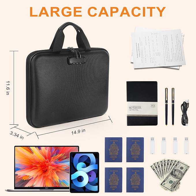 Fireproof Document organizer with Lock, 13 Pocket Accordion File Folder,Portable Office Home Travel Safe Briefcase for Letter A4 Files and More with Handle