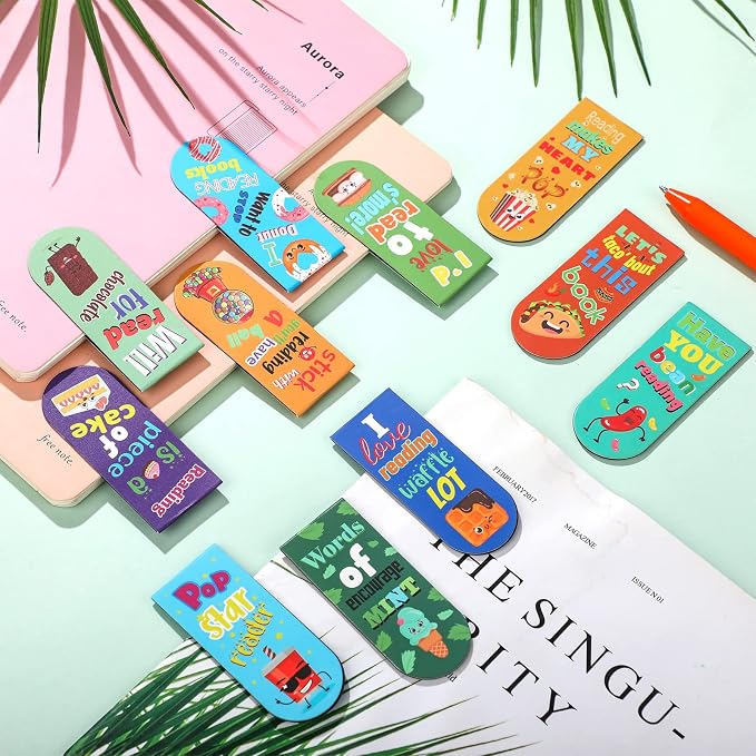 48 Pack Scented Bookmarks Magnetic Scratch and Sniff Fruit Food Bookmarks for Kids Cute Page Markers with Sayings for Kids Students Teens Teachers (Food Flavor)