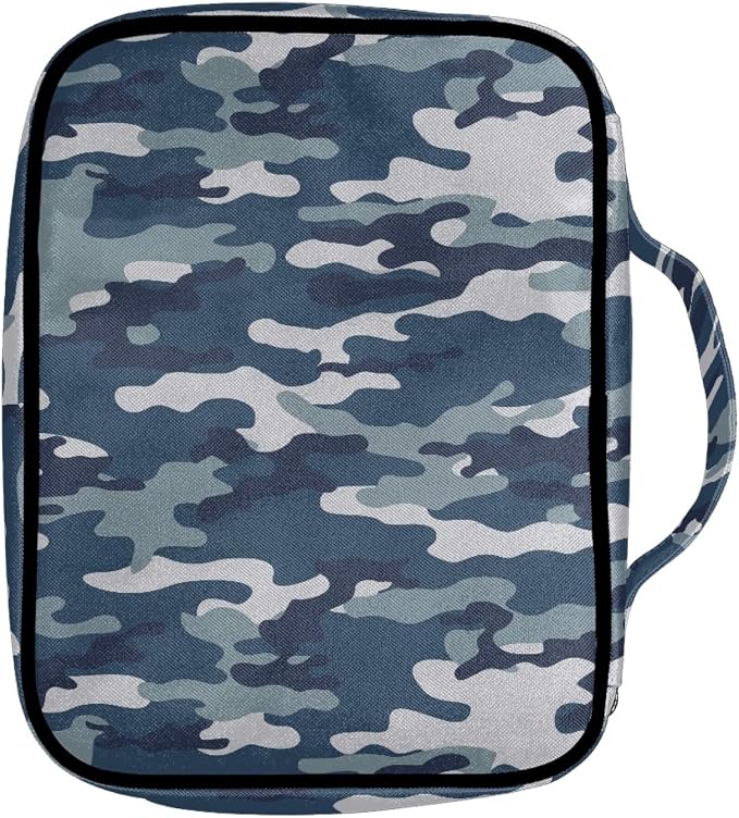 Coldinair Blue Camo Print Bible Cover for Men Women Teens,Carrying Book Case Church Bag Bible Protector with Handle and Zippered Pocket