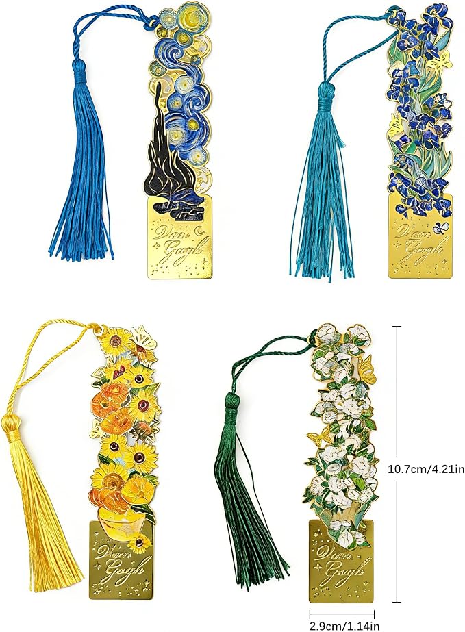 4 Pieces Elegant Metal Bookmarks with Tassel, Hollow Out Art Design Bookmarks with Tassels for Books and Journals (4 Pieces)