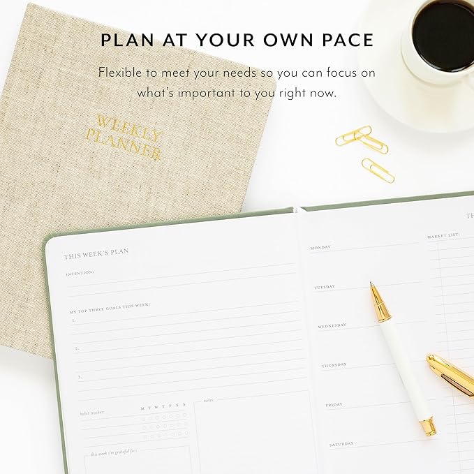 Sugar Paper Undated Weekly Planner, Fabric Cover, 7 x 9 Inches, Hardcover Weekly Planner (Sage)