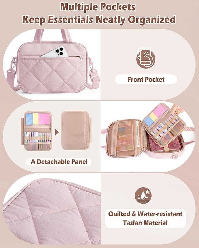Marscamd Quilted Bible Cover Case with Crossbody Strap and Multiple Pockets, Lightweight Bible Bag for Women, Pink