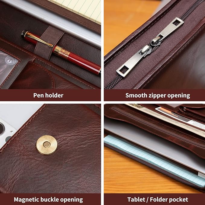 YIWEN Personalized Leather Portfolio, Zippered Padfolio Organizer Case, 8.5 x 11" Notepad Holder and 13" Tablet Folio, Professional Business Travel Gift for Women and Men (Dark Brown, Oil Wax Leather)