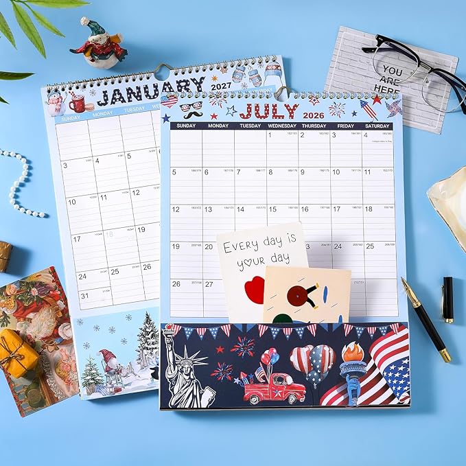 Vindora 2026-2027 Wall Calendar with Pockets - 18 Month Large Vertical Calendar (July 2026 to Dec 2027), 11.4x14.5 Inch Office & Family Planner with Hanging Loop, Floral Design