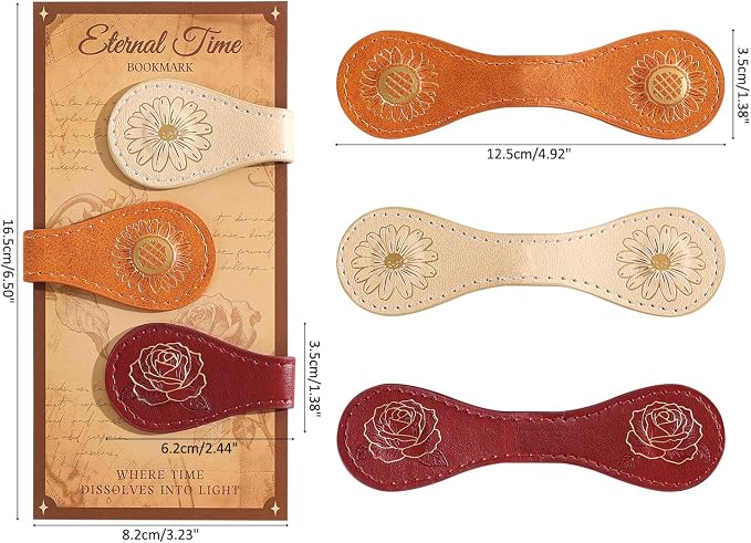 3PCS Vintage Magnetic Leather Bookmark, Leather Magnetic Bookmarks for Women, Magnetic PU Bookmarks Clip Book Accessories, Gilded Flower