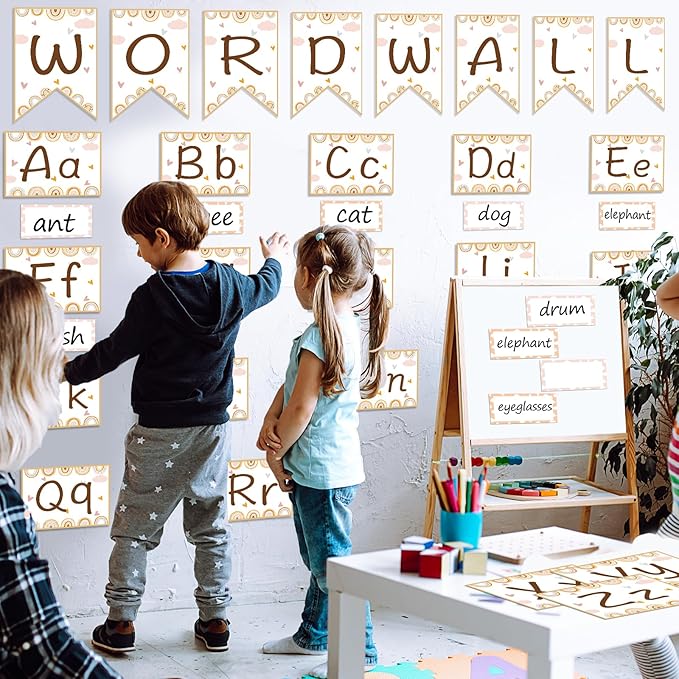 Boho Rainbow Word Wall Bulletin Board Set Alphabet Letter for Classroom ABC Poster Chart Sight Words for First Grade Pre School Kindergarten Elementary Classroom Wall Decor Supplies