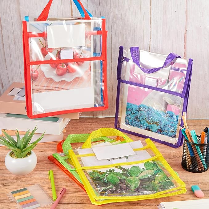 Teling 48 Pack Thick Clear Book Pouches with Blank Name Tags and Handles Book Baggies Bags Bins Organizer for School Classroom Library Pockets Students (10 x 12 Inch,Bright Color)
